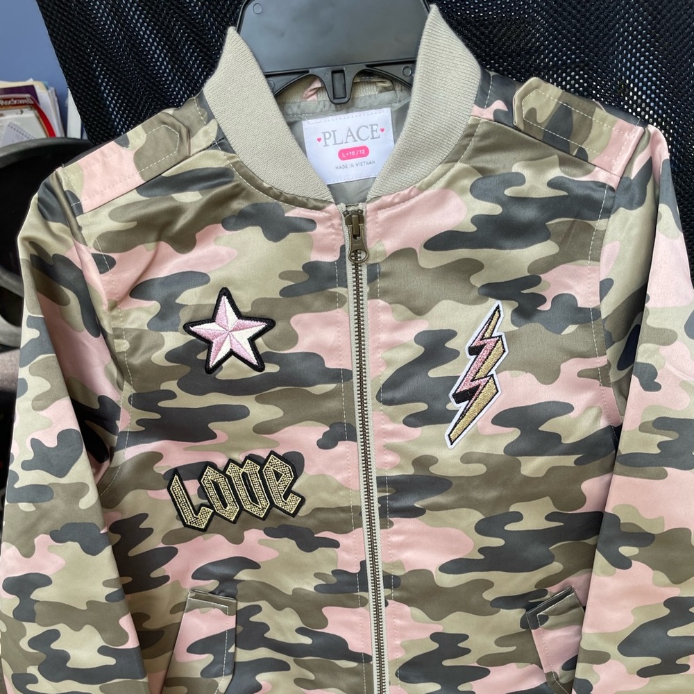 The Children's Place Pink & Olive Green Camo Bomber Jacket with Patches